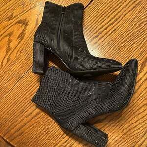 Martha Black Rhinestone Embellished Block Heel Ankle Boots Size 7